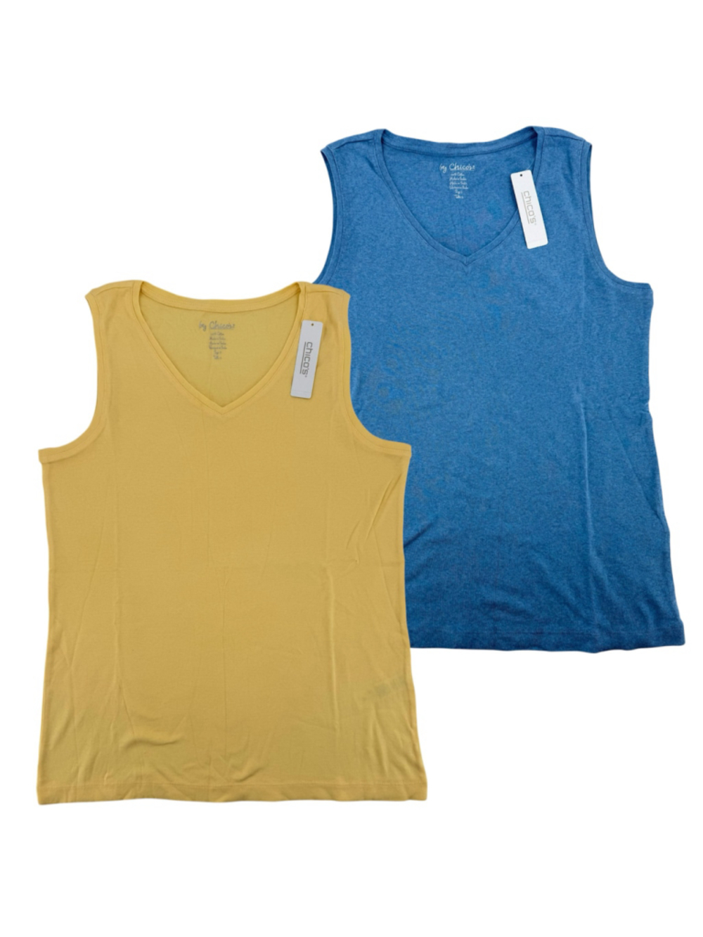 2 Chico’s V Neck Tank Tops Butter Yellow and Blue 100% Cotton Knit Size 2/Large